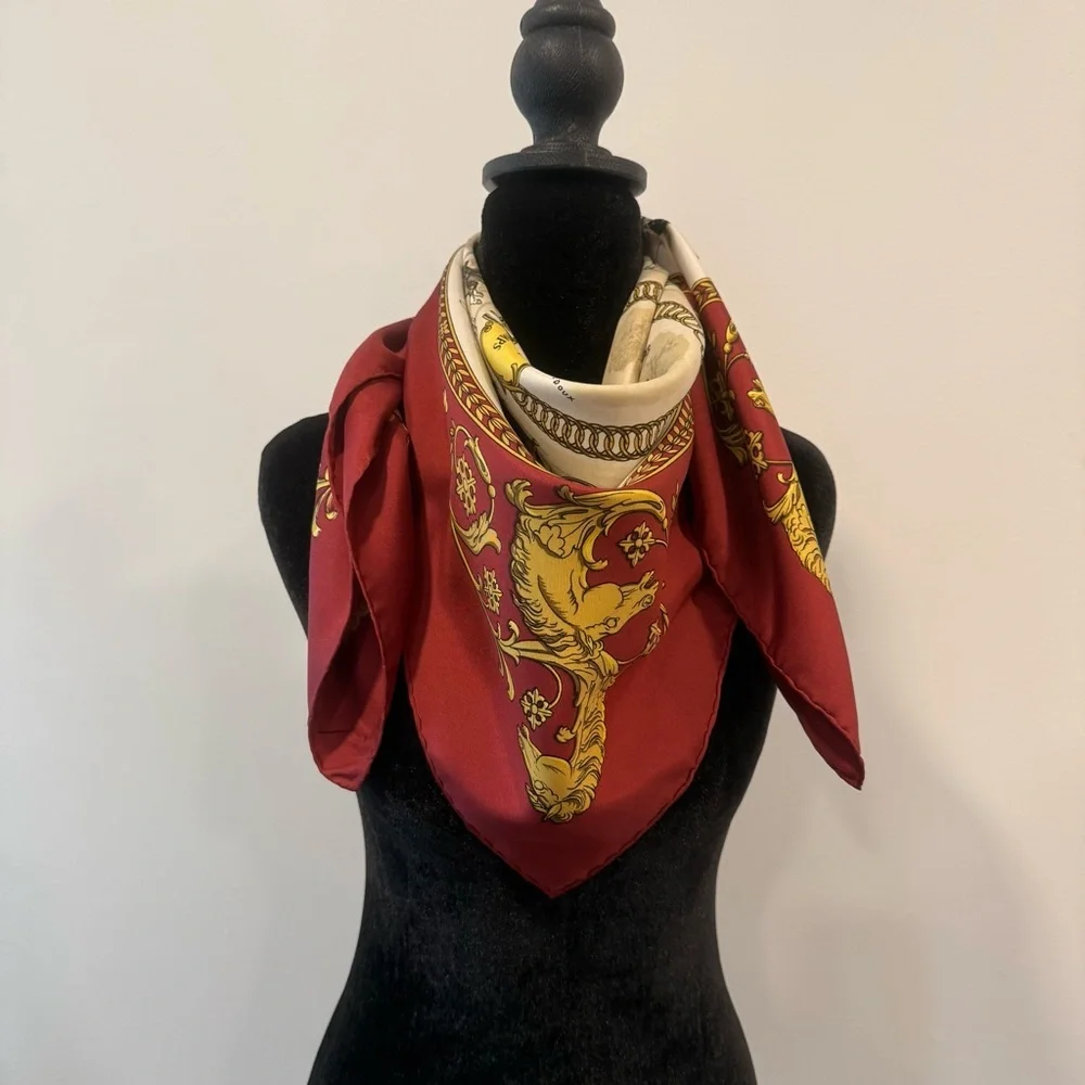 Authentic Hermès Silk Scarf 90 Carré Red Cream Gold Hand Rolled Made in France